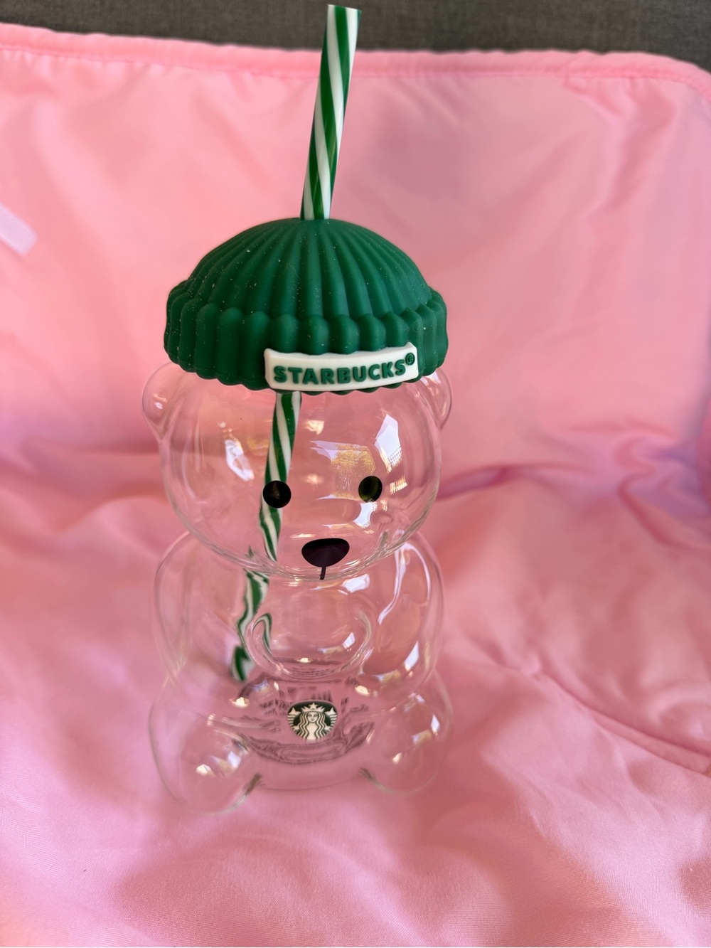 Starbucks Clear Bear Cup with Green Beanie Lid and Striped Straw - Picture 3 of 5